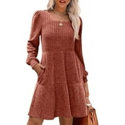 QINCAO Womens Long Sleeve Sweater Dresses Square Neck Babydoll Fall Dress With Pockets S-2XL
